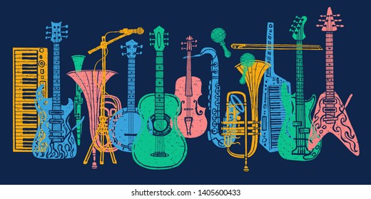 Musical instruments, guitar, fiddle, violin, clarinet, banjo, trombone, trumpet, saxophone, sax, music lover slogan graphic for t shirt design posters prints. Hand drawn vector illustration.