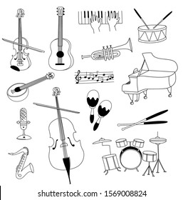 Musical instruments guitar, flute, cello, violin ,saxophone thin line art icons clipart set of doodles. Vector illustration doodles in linear simple style. Black white