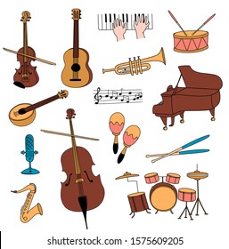 Musical instruments guitar, flute, cello, violin ,saxophone thin line art icons clipart set of doodles. Vector illustration doodles in linear simple style. Black white