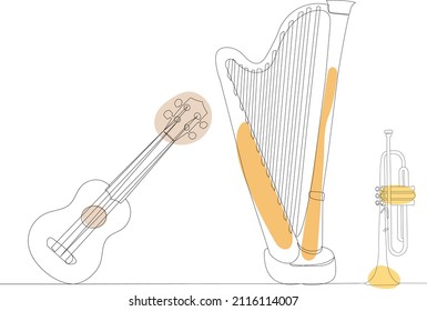 musical instruments, guitar, harp one line drawing ,vector, isolated