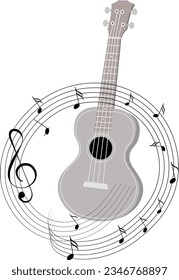 Musical instruments. Guitar ukulele in a circle of notes. Vector illustration