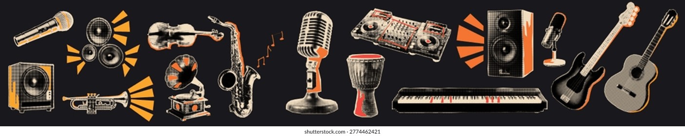 Musical instruments  halftone cutout set. Pop art mix media collage element.