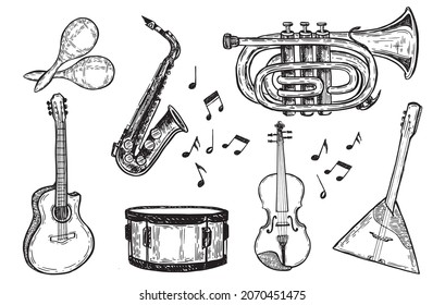Musical instruments hand drawn illustration.
