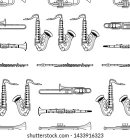 Musical instruments hand drawn outline seamless pattern. Trumper, clarinet, saxophone line art texture. Black contour brass instruments on white background. Jazz, classical orchestra vector design