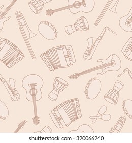 Musical instruments hand drawn seamless pattern. Doodle background vector