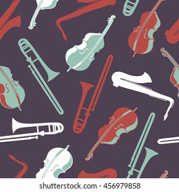 Musical instruments hand drawn seamless pattern. Doodle background vector with music icon set