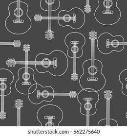 Musical instruments hand drawn seamless pattern. Black and white background vector with guitars. Decorative wallpaper, good for printing