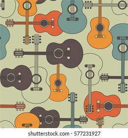 Musical instruments hand drawn seamless pattern. Colorful background vector with guitars. Decorative wallpaper, good for printing