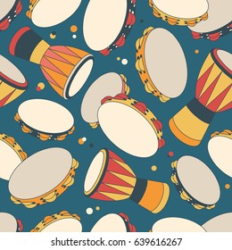Musical instruments hand drawn seamless pattern. Colorful background vector with tambourine and tam tam. Decorative wallpaper, good for printing