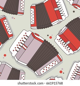 Musical instruments, hand drawn seamless pattern. Colorful overlapping background vector with accordions. Decorative wallpaper, good for printing