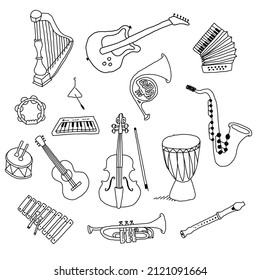Musical instruments hand made vector doodle drawing illustration set collection