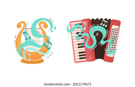 Musical Instruments with Harp and Accordion Twisted with Decorative Swirling Line and Note Vector Set