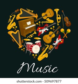 Musical instruments in heart shape. Vector label with pattern of music instruments for jazz, rock, bossa nova, blues, pop, electro music disc cover, concert banner, music fest poster design