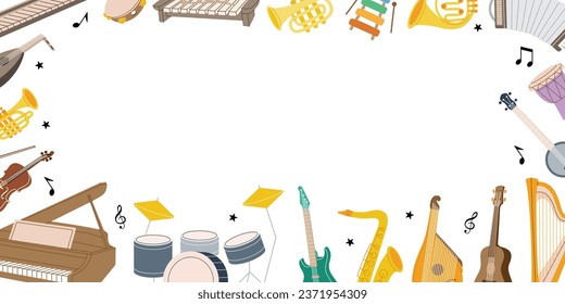 Musical instruments in horizontal banner. Vector illustration for musical school design. Tuba, trumpet, drum flute, lute, violin, acoustic guitar.