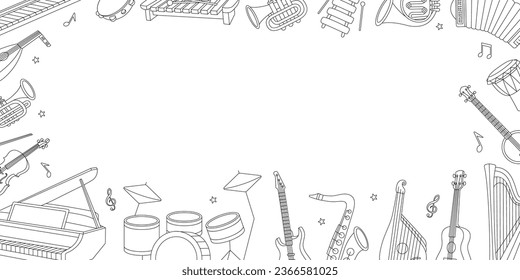 Musical instruments horizontal outline banner. Musical school set. Tuba, trumpet, drum flute, french horn, lute, violin, bass guitar, acoustic guitar.