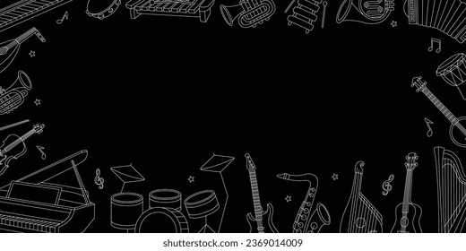 Musical instruments horizontal outline banner. Vector illustration for musical school design. Tuba, trumpet, drum flute, lute, violin, acoustic guitar