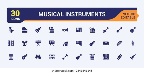 Coleção de ícones de Instrumentos Musicais. Inclui dj plano sólido, música, mixer, pandeiro, jogador, coleção, trombone, musical. Coleção de símbolos preenchida. Ilustração vetorial em estilo preenchido moderno.