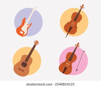 Coleção de ícones de instrumentos musicais em fundo isolado. Estilo plano de desenho animado de ilustração vetorial