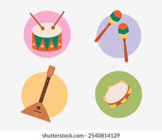 Colección de iconos de instrumentos musicales sobre fondo aislado. Estilo plano de dibujos animados de Ilustración vectorial