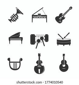 musical instruments icon set, drums, grand piano, dulcimer, Barbitos, violin, trumpet, saxophone