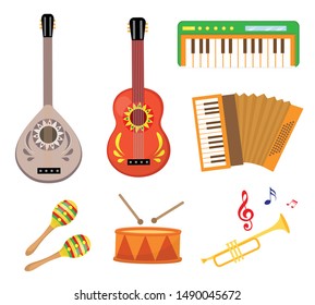 Musical instruments icon set flat cartoon style. Collection with guitar, bouzouk, drum, trumpet, synthesizer. Vector illustration