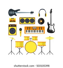 Musical Instruments Icon Set Flat. Vector illustration of Rock Band drum, guitar, stage, speaker, headphones, in flat style. Club sound equipment for jam, music session.  