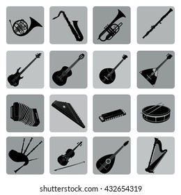 Musical instruments icon set. Folk, classical, jazz, ethnic, rock music symbols