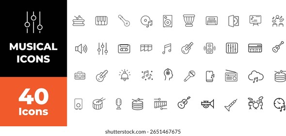  Musical Instruments icon set. Musical Icons: A comprehensive set of meticulously crafted musical icons, perfect for any creative project related to music, audio, or sound design.