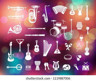 Musical instruments icon set on the Colorful background with defocused lights and bokeh