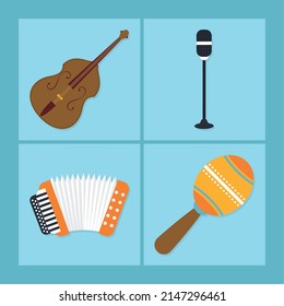 musical instruments icon set on blue background