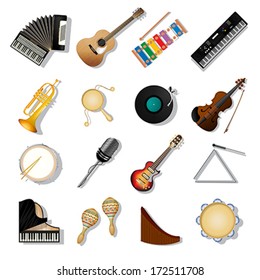 Musical instruments icon set over white background