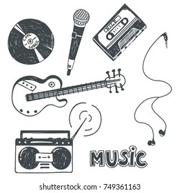 Musical instruments icons cassette, microphone, tape recorder, guitar, headphones, radios, record