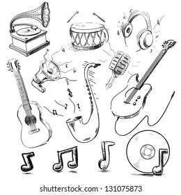 Musical instruments and icons collection. Hand drawing sketch vector illustration