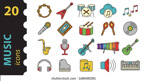 Musical instruments Icons in color. Linear style. Flat design.