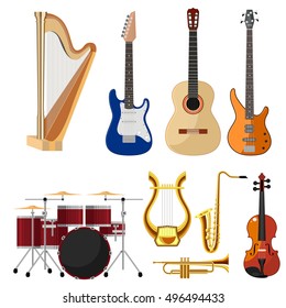 Musical instruments icons of drum set, acoustic, bass and electric guitars, violin, saxophone, trumpet, harp, ancient lyre. Art, culture, musical entertainment concept