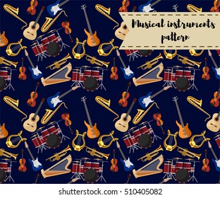 Musical instruments icons of drum set, acoustic, bass and electric guitars, violin, saxophone, trumpet, harp, ancient lyre. Art, culture, Music entertainment concept. Modern vector pattern