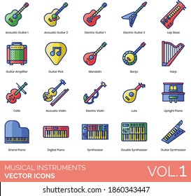 Musical instruments icons including acoustic, electric guitar, lap steel, amplifier, pick, mandolin, banjo, harp, cello, violin, lute, upright, grand, digital piano, double synthesizer.