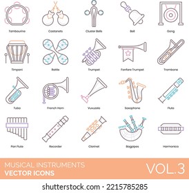 Musical Instruments Icons Including Bells, Benjo, Bongos, Cajon, Castanets, Cello, Chromatic Accordion, Clarinet, Cluster Bells, Concertina, Congas, Cymbal, Digital Piano, Djembe, Double Synthesizer