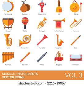 Musical Instruments Icons Including Bells, Banjo, Bongos, Cajon, Castanets, Cello, Chromatic Accordion, Clarinet, Cluster Bells, Concertina, Congas, Cymbal, Digital Piano, Djembe, Double Synthesizer