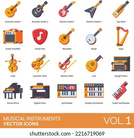 Musical Instruments icons including Bells, Banjo, Bongos, Cajon, Castanets, Cello, Chromatic Accordion, Clarinet, Cluster Bells, Concertina, Congas, Cymbal, Digital Piano, Djembe, Double Synthesizer