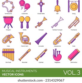 Iconos de instrumentos musicales, incluyendo Bells, Benjo, Bongos, Cajón, Castanets, Cello, Acordeón Chromático, Clarinet, Clústeres, Concertina, Congas, Címbal, Piano Digital, Djembe, Sintetizador Doble