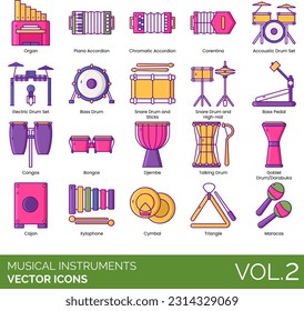 Iconos de instrumentos musicales, incluyendo Bells, Benjo, Bongos, Cajón, Castanets, Cello, Acordeón Chromático, Clarinet, Clústeres, Concertina, Congas, Címbal, Piano Digital, Djembe, Sintetizador Doble