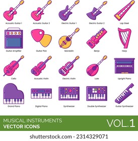 Iconos de instrumentos musicales, incluyendo Bells, Benjo, Bongos, Cajón, Castanets, Cello, Acordeón Chromático, Clarinet, Clústeres, Concertina, Congas, Címbal, Piano Digital, Djembe, Sintetizador Doble