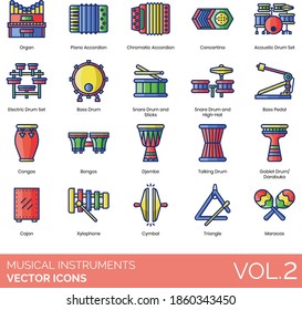 Musical instruments icons including organ, piano, chromatic accordion, concertina, acoustic, electric set, snare, stick, high-hat, bass pedal, conga, bongo, djembe, talking drum, darbuka, xylophone.