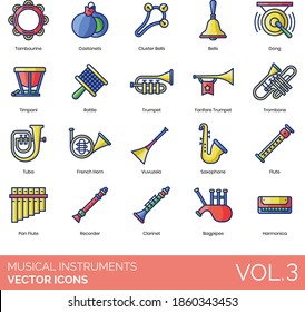 Iconos de instrumentos musicales incluyendo tambourine, castanets, campanas de racimo, gong, timpani, rattle, fanfarria trompeta, trombona, cuerno francés, vuvuzela, saxofón, flauta de pan, grabadora, clarinete, gaita.