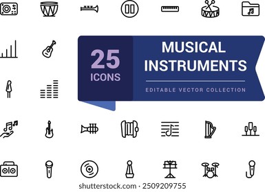 Musical instruments icons related to music. Pixel perfect, minimalistic web and UI icon. Outline icon collections. Editable vector illustration.