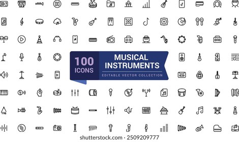 Musical instruments icons related to music. Pixel perfect, minimalistic web and UI icon. Outline icon collections. Editable vector illustration.