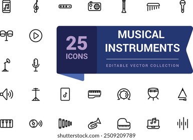 Musical instruments icons related to music. Pixel perfect, minimalistic web and UI icon. Outline icon collections. Editable vector illustration.