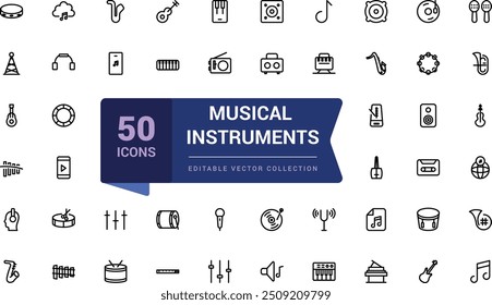 Musical instruments icons related to music. Pixel perfect, minimalistic web and UI icon. Outline icon collections. Editable vector illustration.