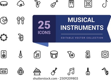 Musical instruments icons related to music. Pixel perfect, minimalistic web and UI icon. Outline icon collections. Editable vector illustration.